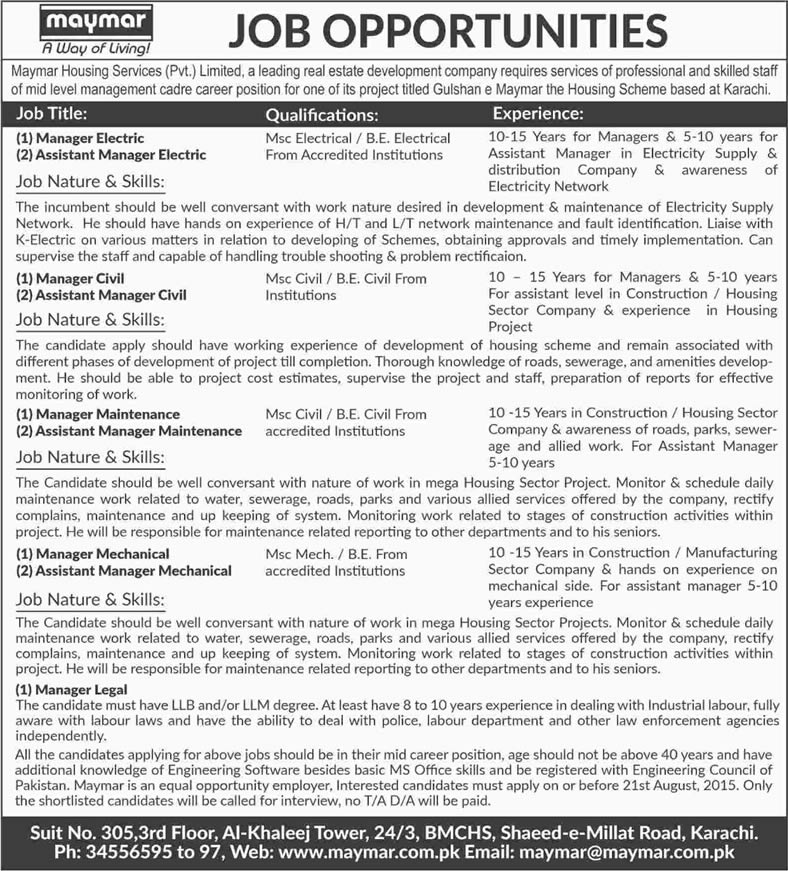 Maymar Housing Scheme Karachi Jobs 2015 August Electrical / Civil / Mechanical Engineers & Legal Manager