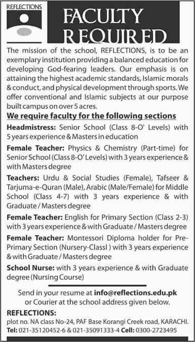 Reflections School Karachi Jobs 2015 August Teaching Faculty, Headmistress & School Nurse Latest