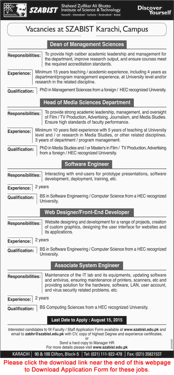 SZABIST Karachi Jobs 2015 August Software / System Engineer, Web Designer & Department Heads