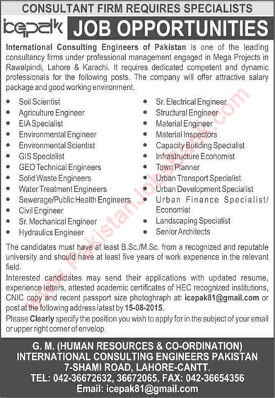 International Consulting Engineers of Pakistan Jobs 2015 August ICEPAK Engineers & Specialists