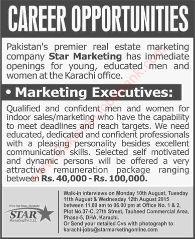 Marketing Executive Jobs in Star Marketing Karachi 2015 August Latest Advertisement