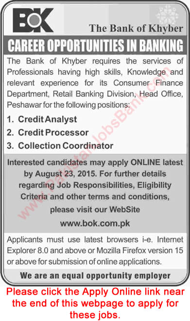 Bank of Khyber Jobs 2015 August Apply Online Credit Analyst / Processor & Collection Coordinator