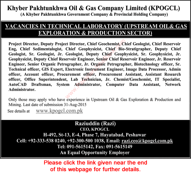 KPOGCL Jobs 2015 August Technical Laboratory Khyber Pakhtunkhwa Oil & Gas Company Limited
