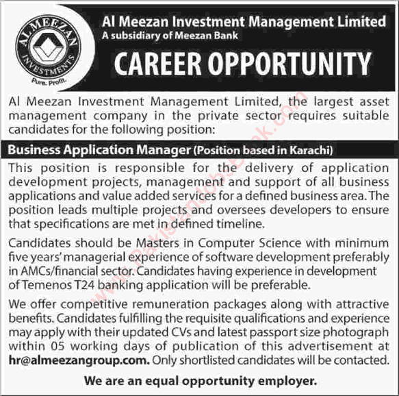 Al Meezan Investment Management Jobs 2015 August Karachi Business Application Manager