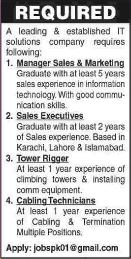 Sales Executives / Manager, Tower Rigging & Cabling Technician Jobs in Pakistan 2015 August Latest
