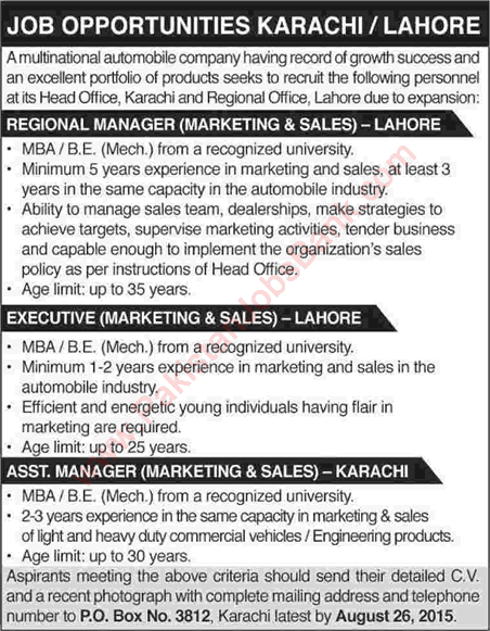 Automobile Marketing and Sales Jobs in Lahore / Karachi 2015 August PO Box 3812