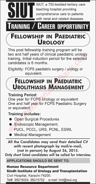 SIUT Karachi Jobs 2015 August Fellowships in Paediatric Urology & Urolithiasis Management