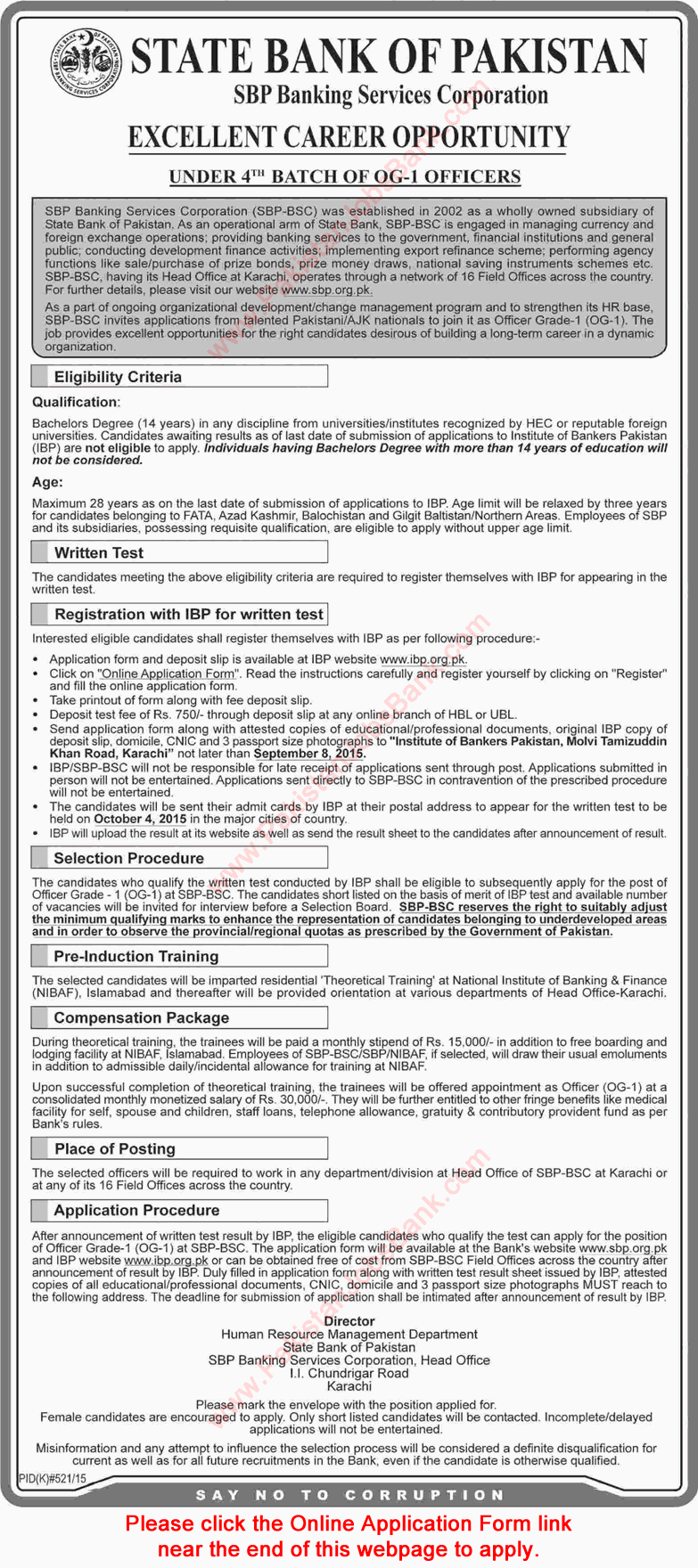 State Bank of Pakistan Jobs August 2015 OG-1 Officers Banking Services Corporation Online Application Form