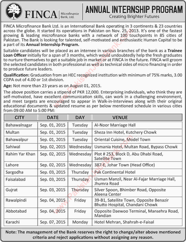 FINCA Pakistan Jobs 2015 August / September Loan Officers Annual Internship Program Interview Schedule