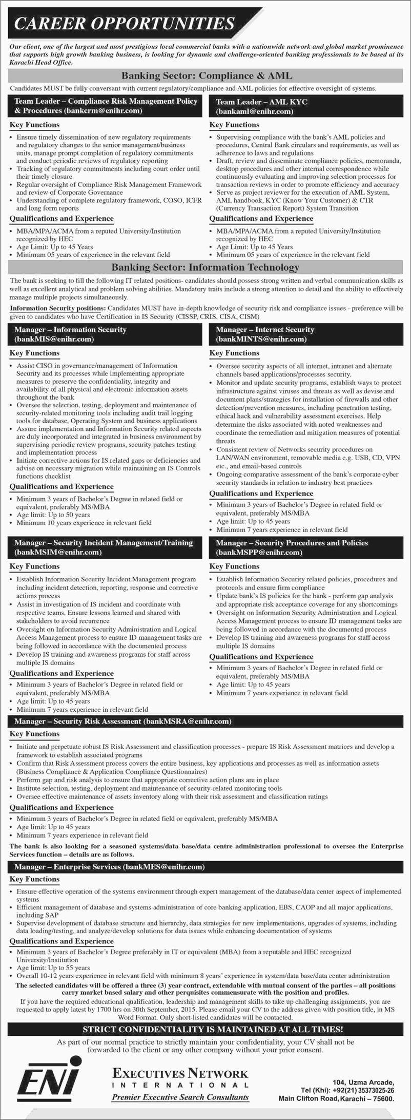 Executive Network International Jobs 2015 August / September Team Leader & Managers for Banking Sector