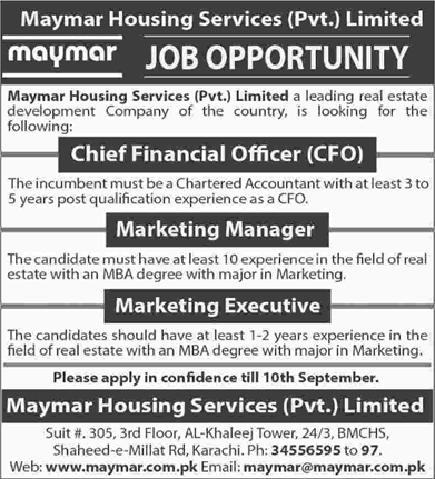 Maymar Housing Services Karachi Jobs 2015 August / September Marketing Manager / Executive & CFO