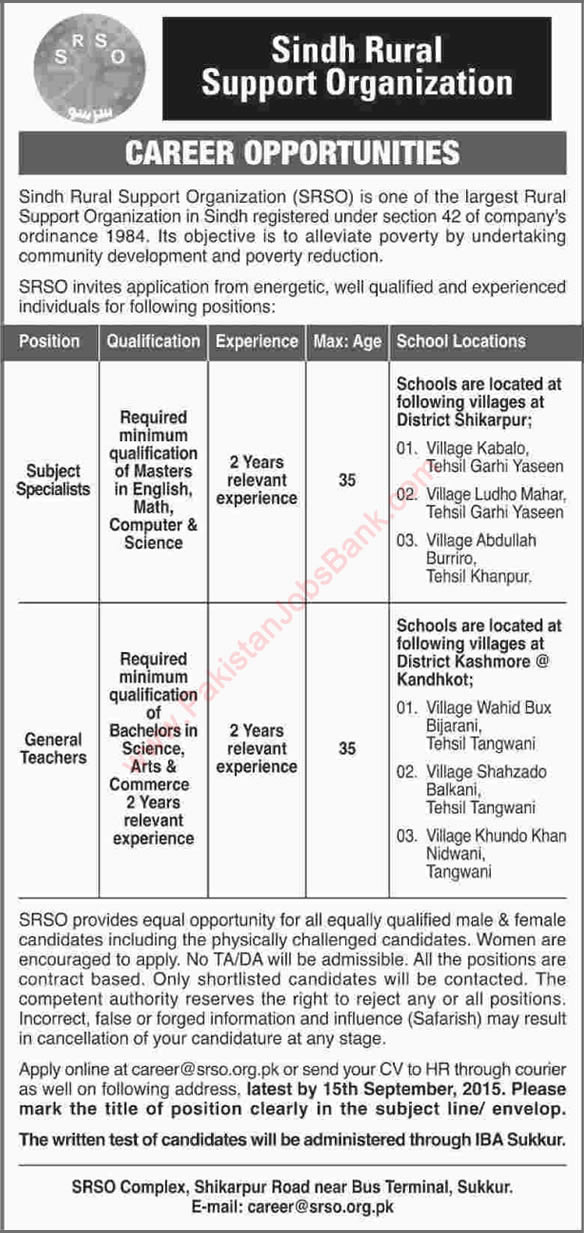 Sindh Rural Support Organization Jobs 2015 September SRSO Subject Specialists & General Teachers