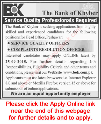 Bank of Khyber Peshawar Jobs 2015 September Apply Online Service Quality / Complaint Resolution Officers