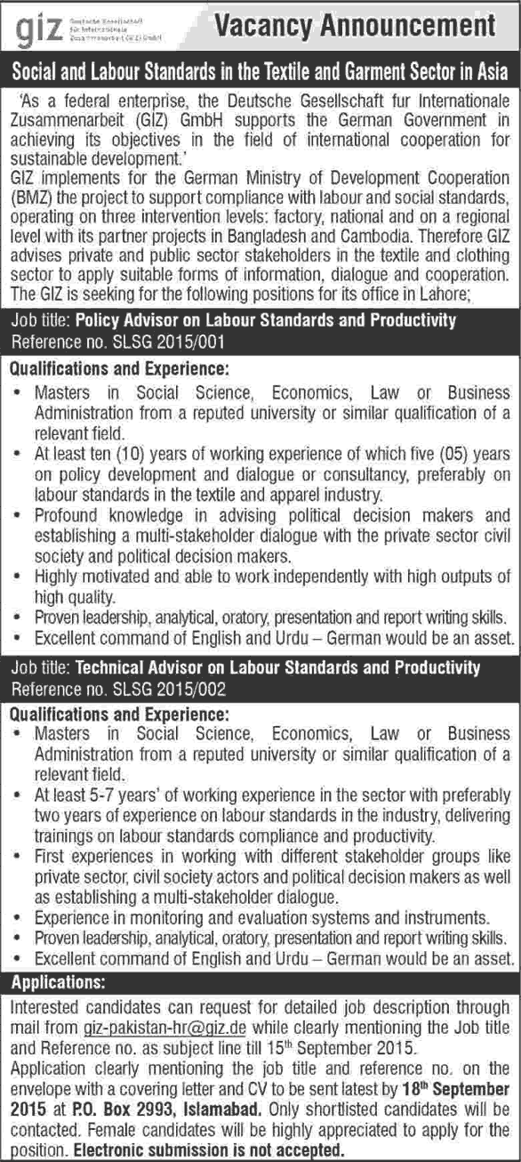 GIZ Pakistan Jobs 2015 September Lahore Policy & Technical Advisors on Labour Standards & Productivity