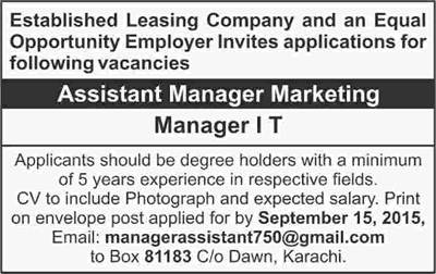 Manager IT & Marketing Jobs in Karachi 2015 September for a Leasing Company