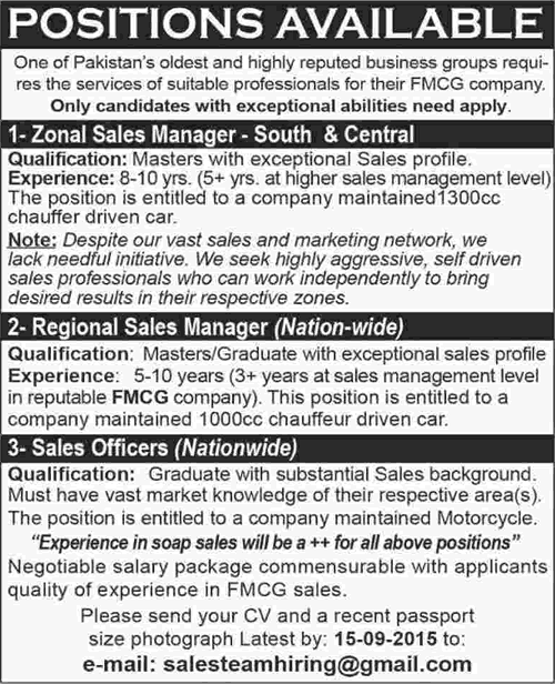 Sales Manager & Officers Jobs in Pakistan 2015 September for FMCG Company Latest