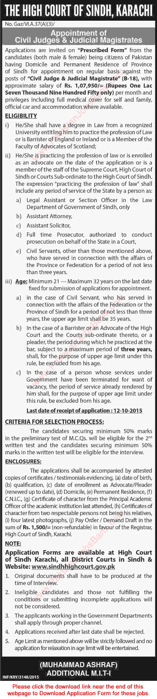 Civil Judges & Judicial Magistrates Jobs in Sindh High Court 2015 September Application Form Download