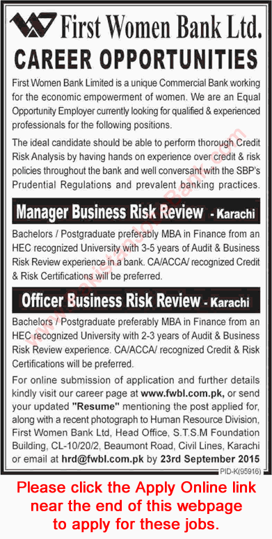First Women Bank Ltd Karachi Jobs 2015 September Apply Online Manager / Officer Business Risk Review