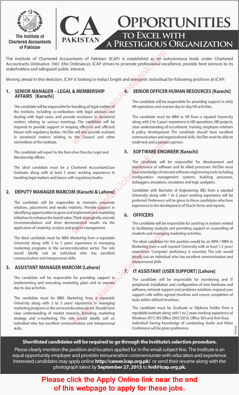 Institute of Chartered Accountants of Pakistan Jobs 2015 September Online Application Form Latest