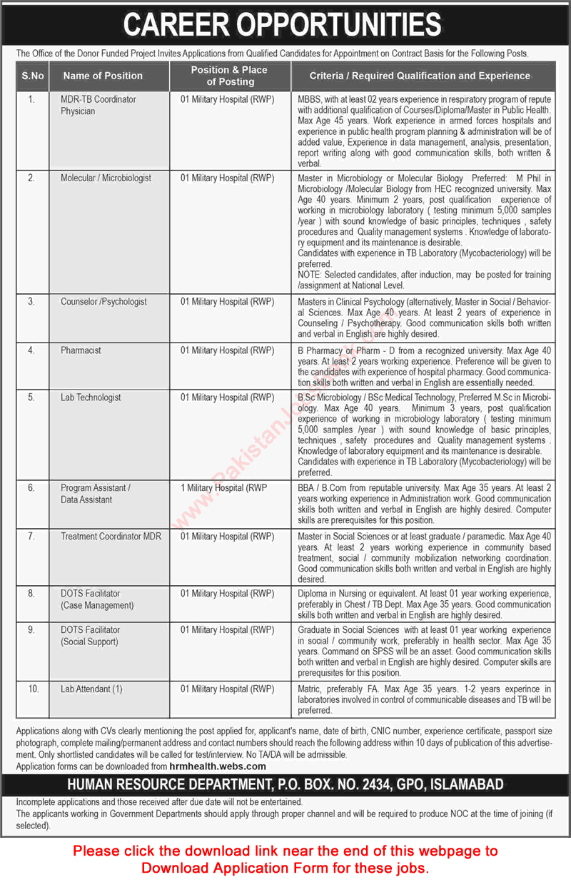 PO Box 2434 GPO Islamabad Jobs 2015 September Military Hospital Rawalpindi Application Form Download