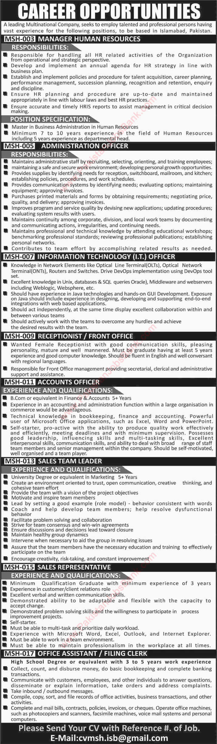 Multinational Companies Jobs in Islamabad 2015 September HR / Admin / Sales / Accounts Officers & Others