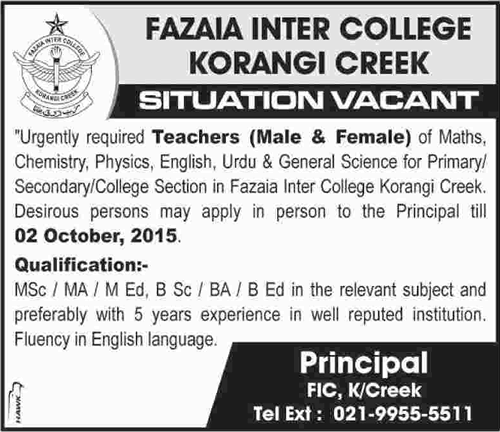 Teaching Jobs in Fazaia Inter College Korangi Creek Karachi Jobs 2015 September Latest