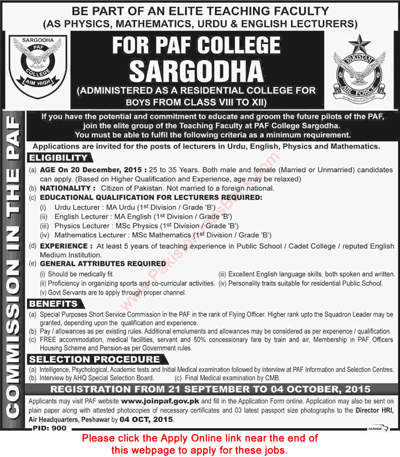 PAF College Sargodha Jobs 2015 September Lecturers Online Registration Latest