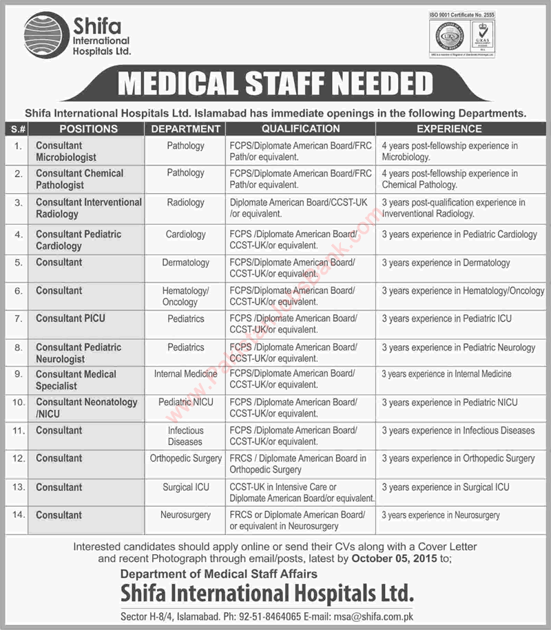 Consultant Jobs in Shifa International Hospital Islamabad 2015 September Latest