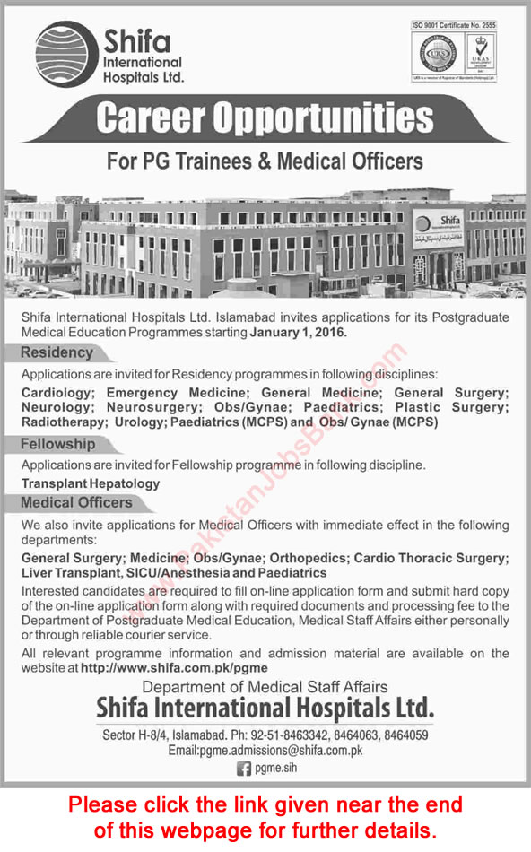 Shifa International Hospital Islamabad Jobs 2015 October PG Trainees & Medical Officer Latest