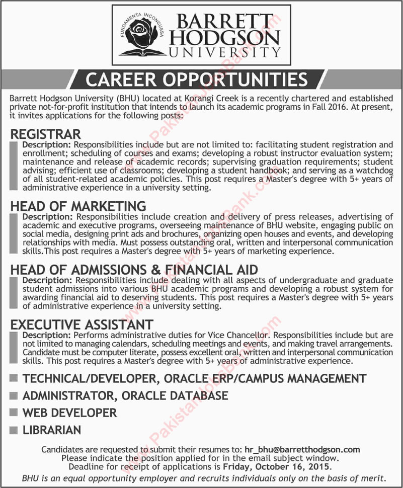 Barrett Hodgson University Karachi Jobs 2015 October Registrars, Web Developer, Assistant & Others