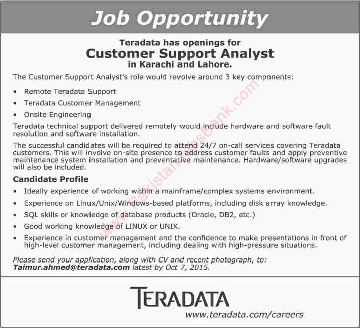 Teradata Pakistan Jobs 2015 October Karachi / Lahore Customer Support Analysts Latest