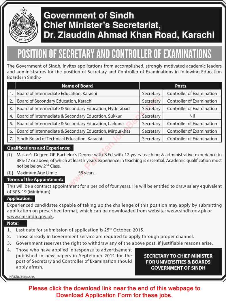 Chief Minister Secretariat Sindh Jobs 2015 October Application Form Download Secretary & Controller of Examinations