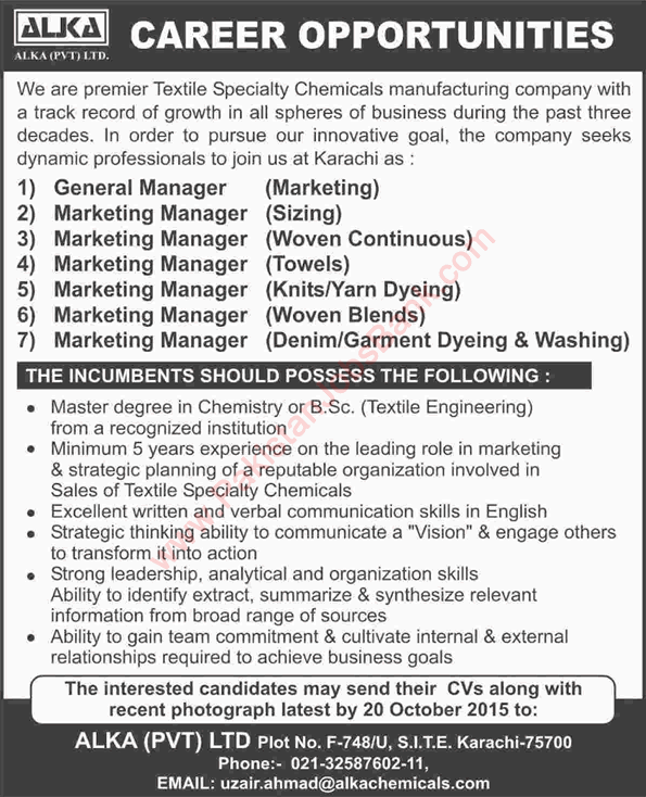 Marketing Manager Jobs in Alka Pvt Ltd Karachi 2015 October