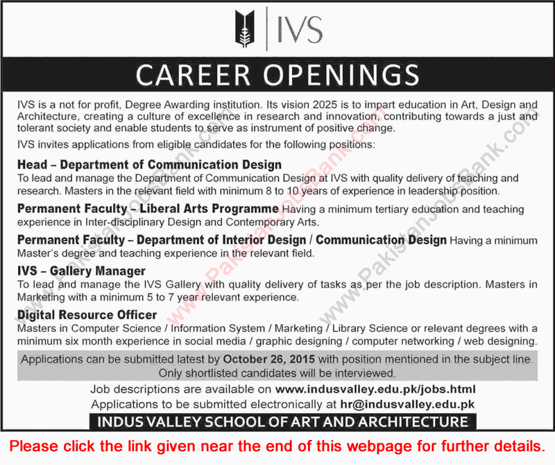 Indus Valley School of Arts and Architecture Karachi Jobs 2015 October Teaching Faculty & Admin Staff