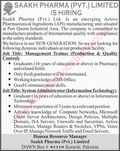 Management Trainee & System Administrator Jobs in Karachi 2015 October Saakh Pharma Pvt Ltd