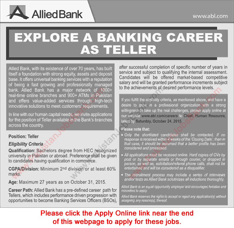 Teller Jobs in Allied Bank 2015 October ABL Pakistan Online Apply Latest