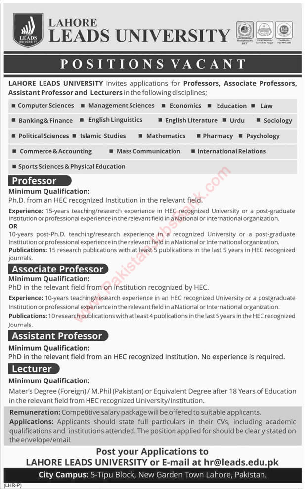 Lahore Leads University Jobs 2015 October for Teaching Faculty Latest Advertisement