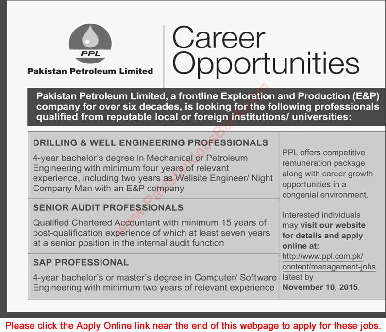 Pakistan Petroleum Limited Jobs November 2015 PPL Apply Online as Professionals Latest