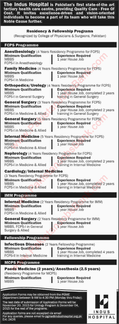 Indus Hospital Karachi Jobs 2015 November Residency & Fellowship Programs Latest