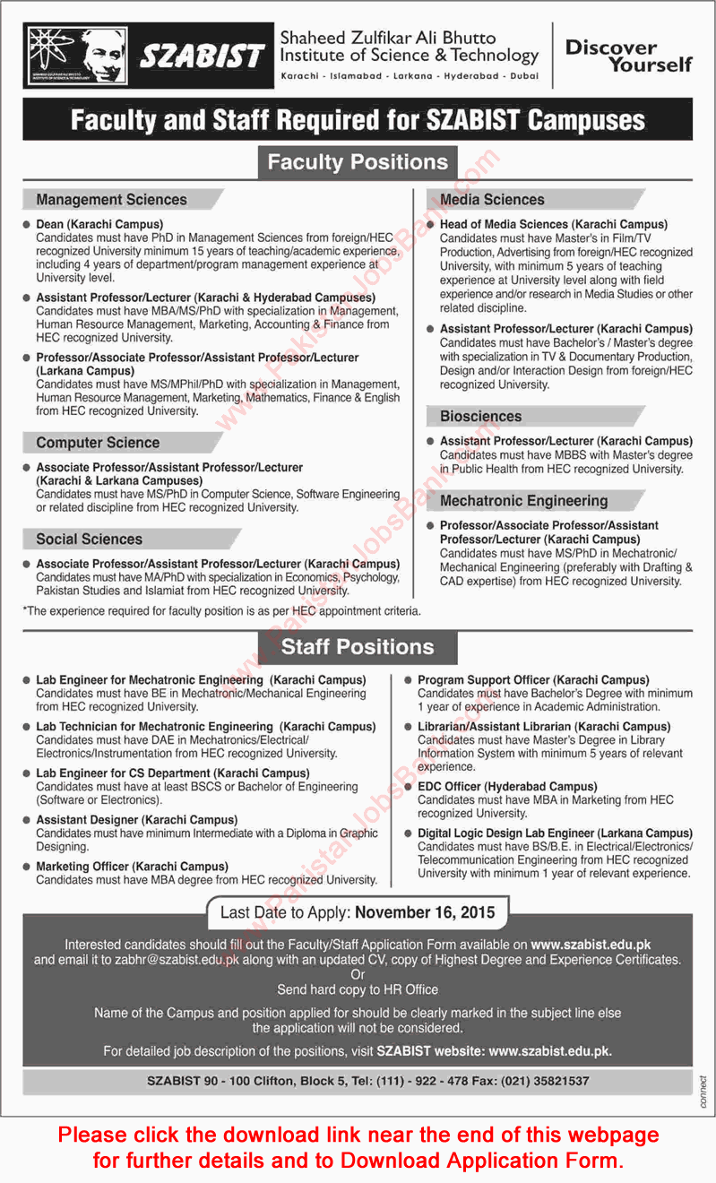 SZABIST Jobs 2015 November Application Form Download Teaching Faculty & Admin Staff Latest