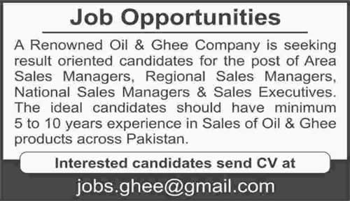 Sales Manager / Executive Jobs in Pakistan 2015 November for Oil and Ghee Company