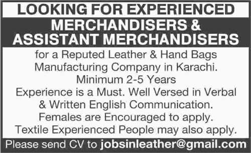 Merchandiser Jobs in Karachi November 2015 Leather & Hand Bags Manufacturing Company