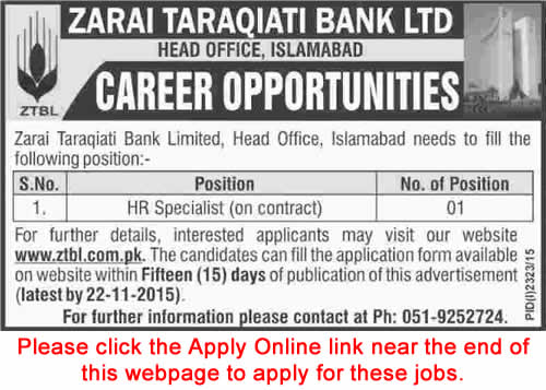 HR Specialist Jobs in ZTBL Islamabad 2015 November Apply Online Zarai Taraqiati Bank Limited