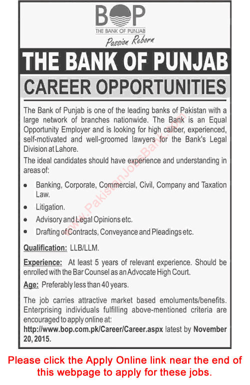 Lawyer Jobs in Bank of Punjab Lahore 2015 November Apply Online Latest