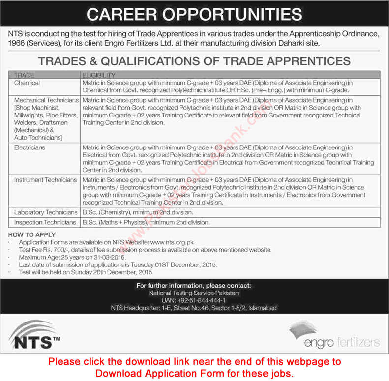 Engro Fertilizers Apprenticeship November 2015 NTS Application Form Trade Apprentices Jobs Latest