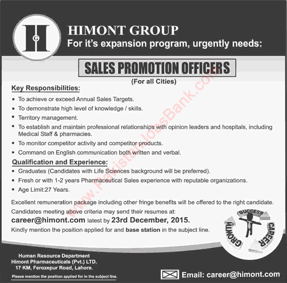 Himont Pharmaceuticals Jobs December 2015 Sales Promotion Officers in Pakistan Latest