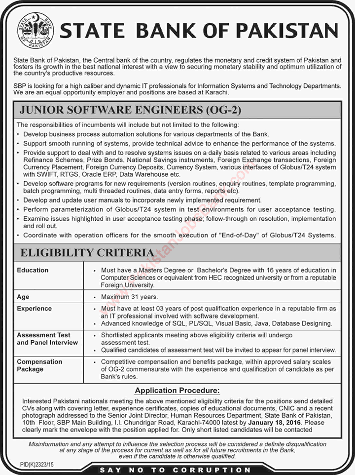 State Bank of Pakistan Jobs 2016 Software Engineers in SBP Karachi Latest