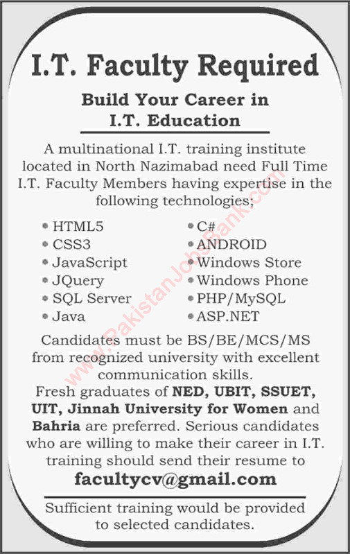 IT Teaching Jobs in Karachi 2016 January Faculty at a IT Training Institute Latest
