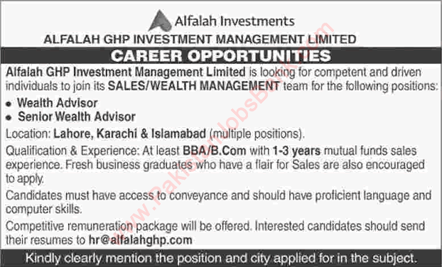 Alfalah GHP Investment Management Limited Jobs 2016 February Wealth Advisors in Lahore, Karachi & Islamabad Latest
