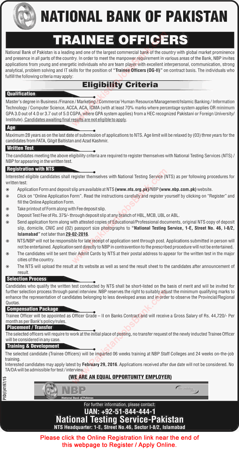 National Bank of Pakistan MTO Jobs 2016 Management Trainee Officers OG-II NTS Online Apply Latest